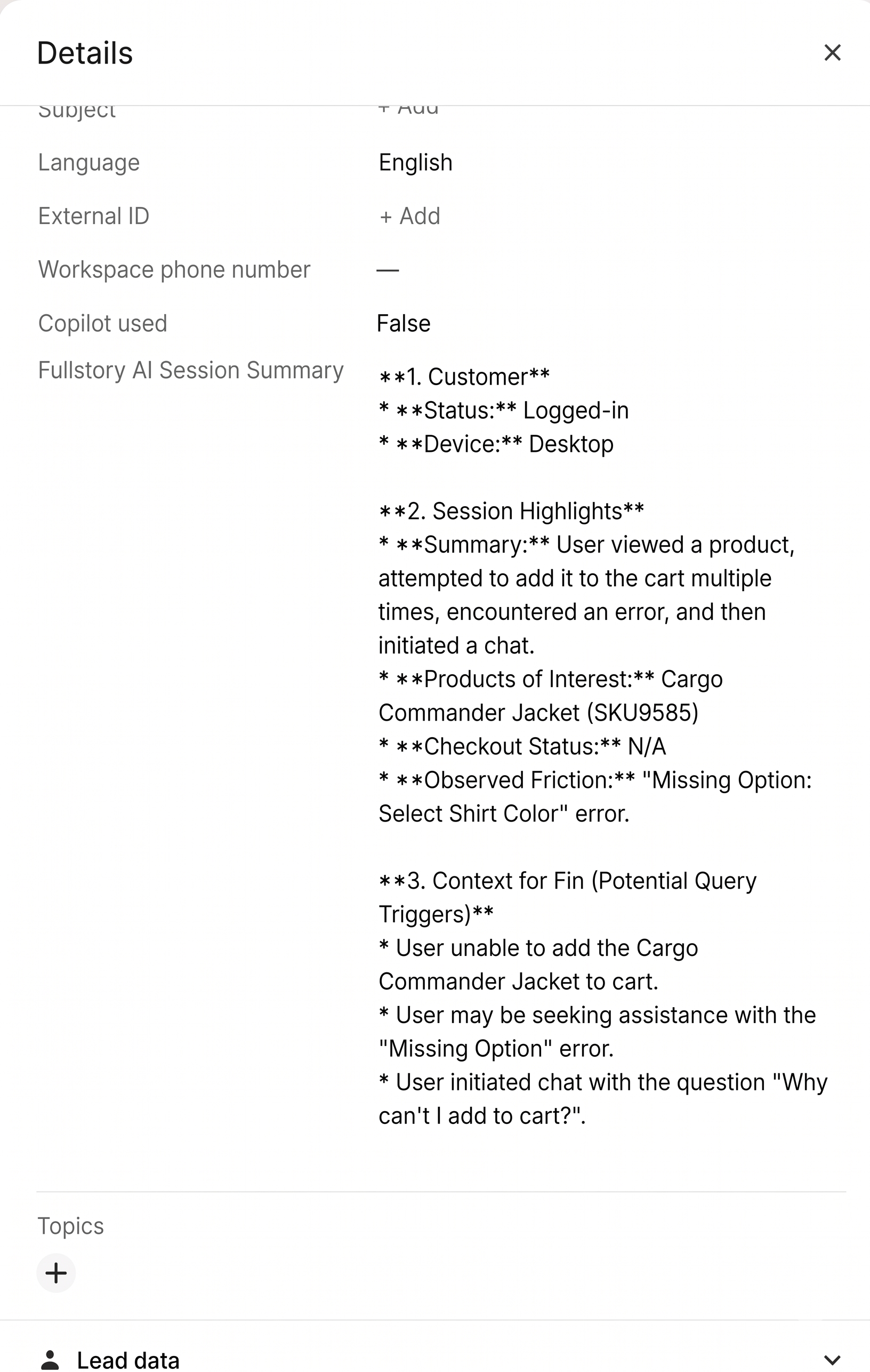 Intercom Details panel showing Fullstory AI Session Summary populated with customer, session highlights, and context for Fin.