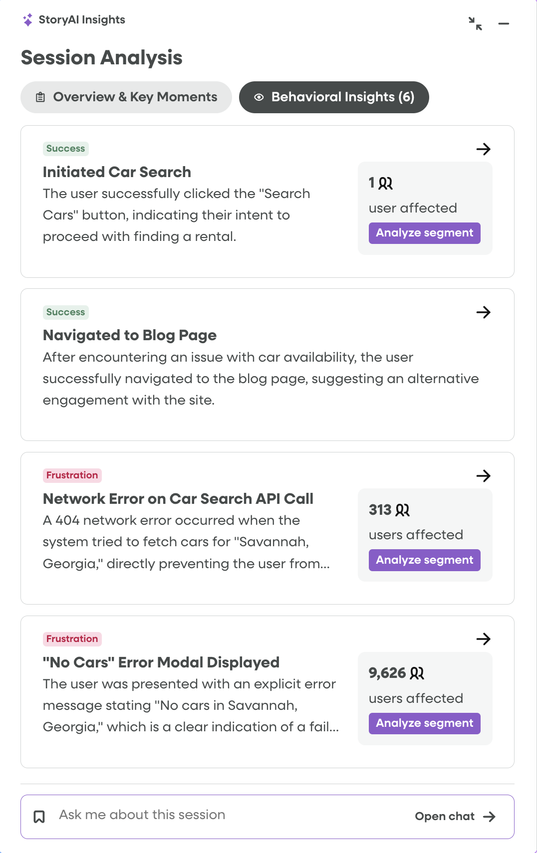 Ask StoryAI — session frustration analysis